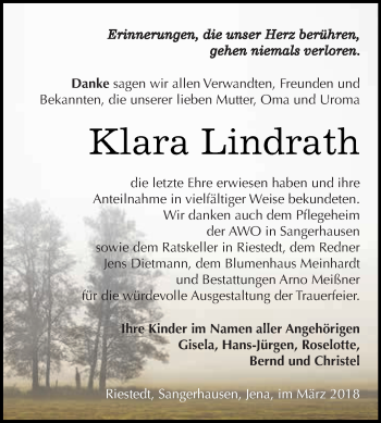 Traueranzeige von Klara Lindrath von Super Sonntag SGH Mansf. Land