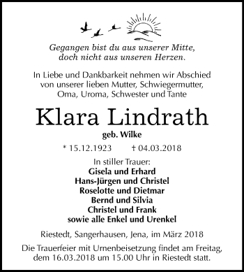 Traueranzeige von Klara Lindrath von Mitteldeutsche Zeitung