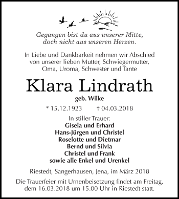 Traueranzeige von Klara Lindrath von Super Sonntag SGH Mansf. Land