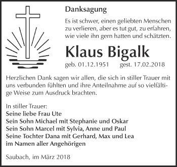 Traueranzeige von Klaus Bigalk von WVG - Wochenspiegel NMB / WSF / ZTZ