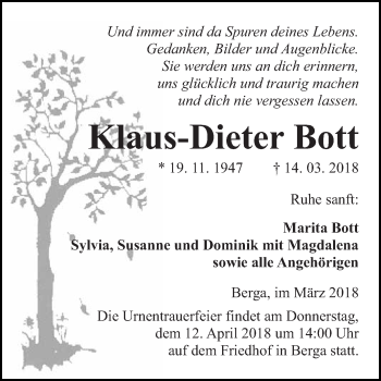 Traueranzeige von Klaus-Dieter Bott von Super Sonntag SGH Mansf. Land