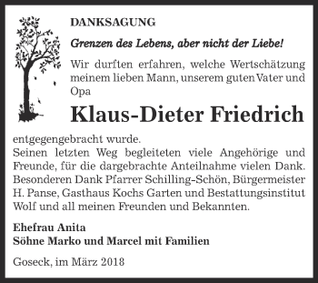 Traueranzeige von Klaus-Dieter Friedrich von WVG - Wochenspiegel NMB / WSF / ZTZ
