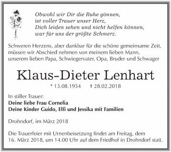 Traueranzeige von Klaus-Dieter Lenhart von Super Sonntag Aschersleben
