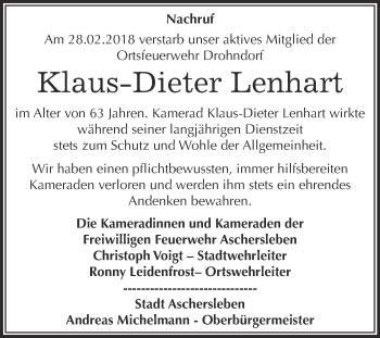 Traueranzeige von Klaus-Dieter Lenhart von Super Sonntag Aschersleben