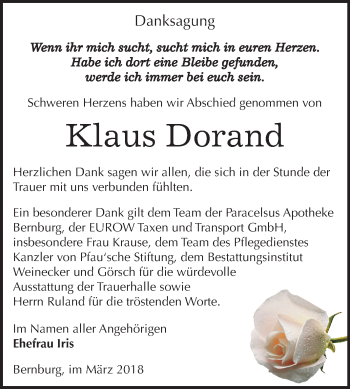 Traueranzeige von Klaus Dorand von Mitteldeutsche Zeitung Bernburg