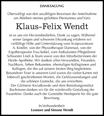 Traueranzeige von Klaus-Felix Wendt von Mitteldeutsche Zeitung Dessau-Roßlau