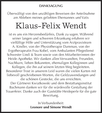 Traueranzeige von Klaus-Felix Wendt von WVG - Wochenspiegel Dessau / Köthen