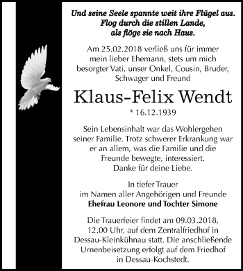 Traueranzeige von Klaus-Felix Wendt von Mitteldeutsche Zeitung Dessau-Roßlau