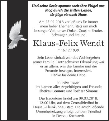 Traueranzeige von Klaus-Felix Wendt von WVG - Wochenspiegel Dessau / Köthen
