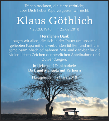 Traueranzeige von Klaus Göthlich von Super Sonntag Quedlinburg