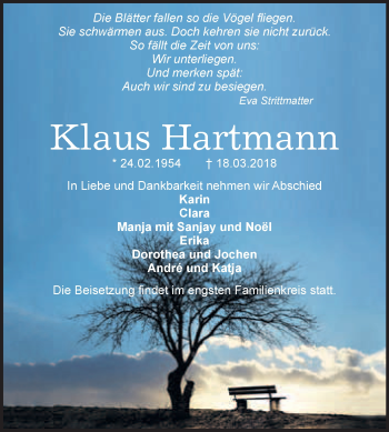 Traueranzeige von Klaus Hartmann von WVG - Wochenspiegel Wittenberg