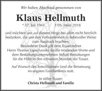 Traueranzeige von Klaus Hellmuth von WVG - Wochenspiegel Bitterfeld