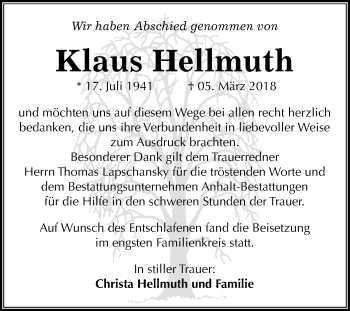 Traueranzeige von Klaus Hellmuth von Mitteldeutsche Zeitung Bitterfeld