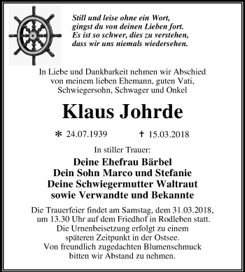 Traueranzeige von Klaus Johrde von Mitteldeutsche Zeitung Dessau-Roßlau
