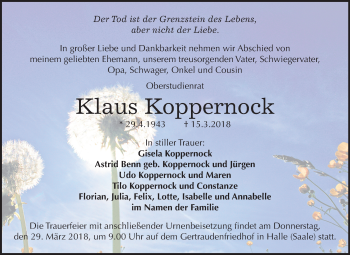 Traueranzeige von Klaus Koppernock von Mitteldeutsche Zeitung Halle/Saalkreis