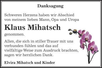Traueranzeige von Klaus Mihatsch von WVG - Wochenspiegel NMB / WSF / ZTZ