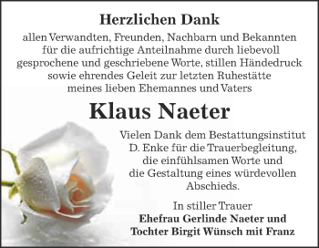 Traueranzeige von Klaus Naeter von WVG - Wochenspiegel Dessau / Köthen