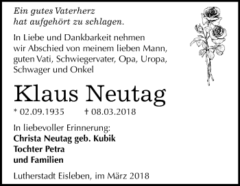 Traueranzeige von Klaus Neutag von Mitteldeutsche Zeitung