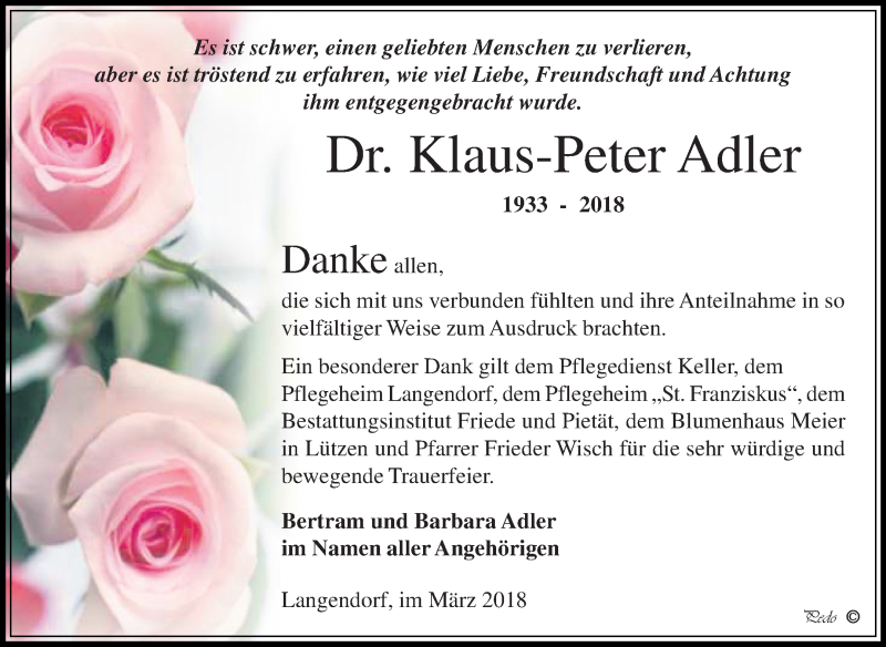  Traueranzeige für Klaus-Peter Adler vom 10.03.2018 aus Mitteldeutsche Zeitung Weißenfels