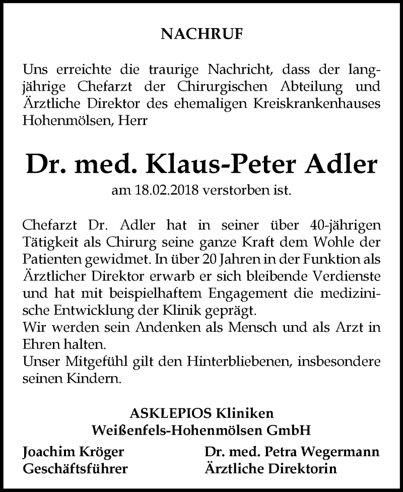  Traueranzeige für Klaus-Peter Adler vom 07.03.2018 aus Mitteldeutsche Zeitung Weißenfels