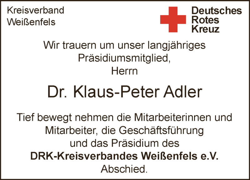  Traueranzeige für Klaus-Peter Adler vom 03.03.2018 aus WVG - Wochenspiegel NMB / WSF / ZTZ