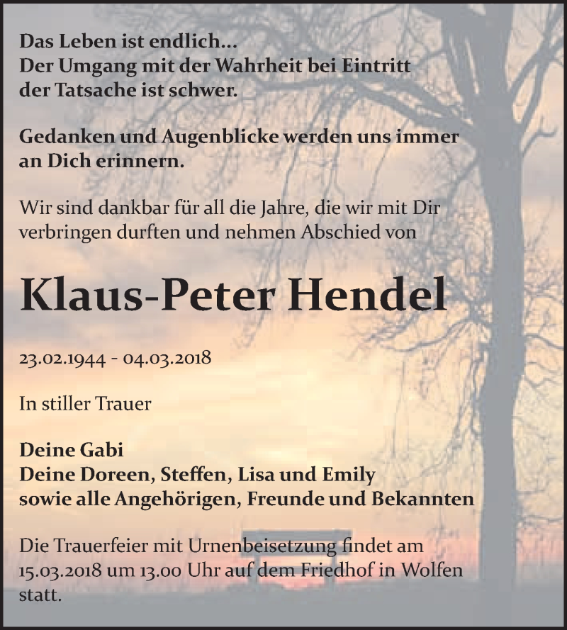  Traueranzeige für Klaus-Peter Hendel vom 07.03.2018 aus WVG - Wochenspiegel Bitterfeld