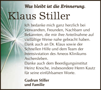 Traueranzeige von Klaus Stiller von Super Sonntag Aschersleben