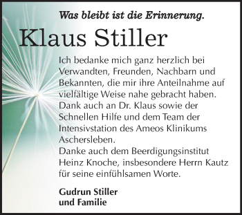 Traueranzeige von Klaus Stiller von Mitteldeutsche Zeitung Aschersleben