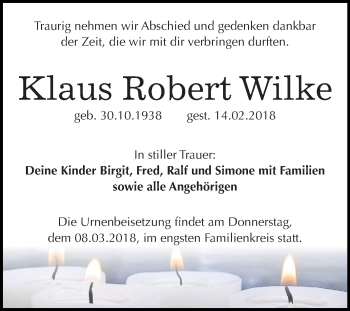 Traueranzeige von Klaus Robert Wilke von Mitteldeutsche Zeitung Bitterfeld