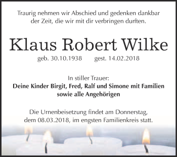 Traueranzeige von Klaus Robert Wilke von WVG - Wochenspiegel Bitterfeld