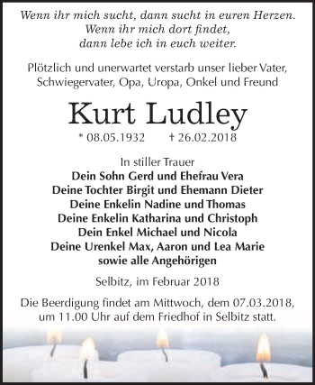 Traueranzeige von Kurt Ludley von WVG - Wochenspiegel Wittenberg
