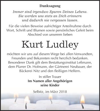 Traueranzeige von Kurt Ludley von WVG - Wochenspiegel Wittenberg
