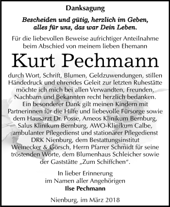 Traueranzeige von Kurt Pechmann von Mitteldeutsche Zeitung Bernburg
