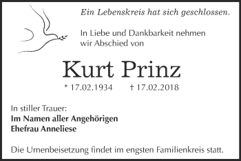 Traueranzeige von Kurt Prinz von WVG - Wochenspiegel Wittenberg