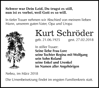Traueranzeige von Kurt Schröder von Mitteldeutsche Zeitung