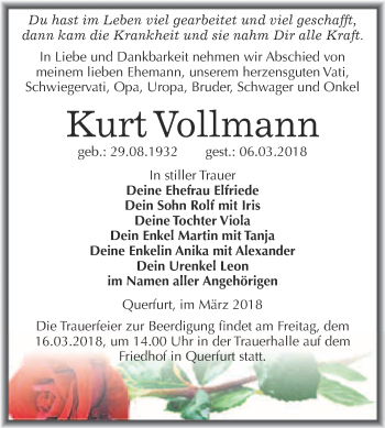 Traueranzeige von Kurt Vollmann von WVG - Wochenspiegel Merseburg