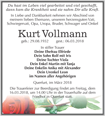 Traueranzeige von Kurt Vollmann von Mitteldeutsche Zeitung Merseburg/Querfurt