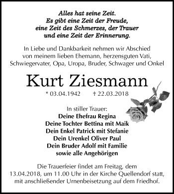 Traueranzeige von Kurt Ziesmann von Mitteldeutsche Zeitung