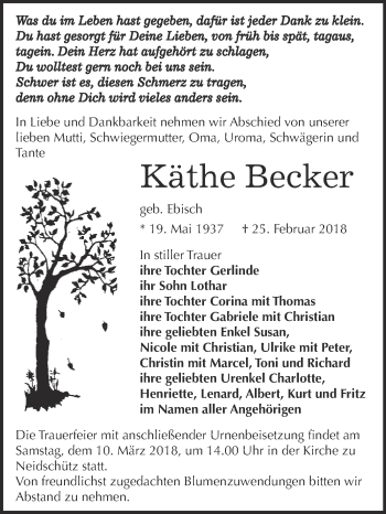 Traueranzeige von Käthe Becker von WVG - Wochenspiegel NMB / WSF / ZTZ