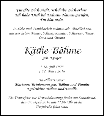 Traueranzeige von Käthe Böhme von Mitteldeutsche Zeitung Halle/Saalkreis