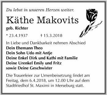 Traueranzeige von Käthe Makovits von WVG - Wochenspiegel Merseburg