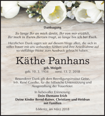 Traueranzeige von Käthe Panhans von Mitteldeutsche Zeitung Köthen