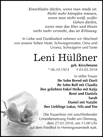 Traueranzeige von Leni Hülßner von Mitteldeutsche Zeitung
