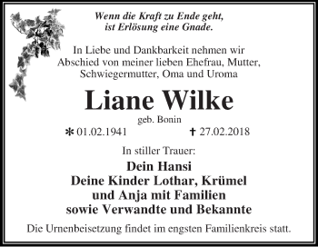Traueranzeige von Liane Wilke von WVG - Wochenspiegel Dessau / Köthen