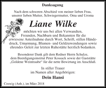Traueranzeige von Liane Wilke von WVG - Wochenspiegel Dessau / Köthen