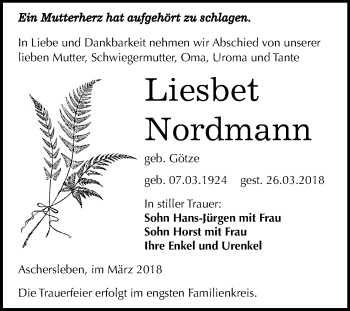 Traueranzeige von Liesbet Nordmann von Mitteldeutsche Zeitung Aschersleben