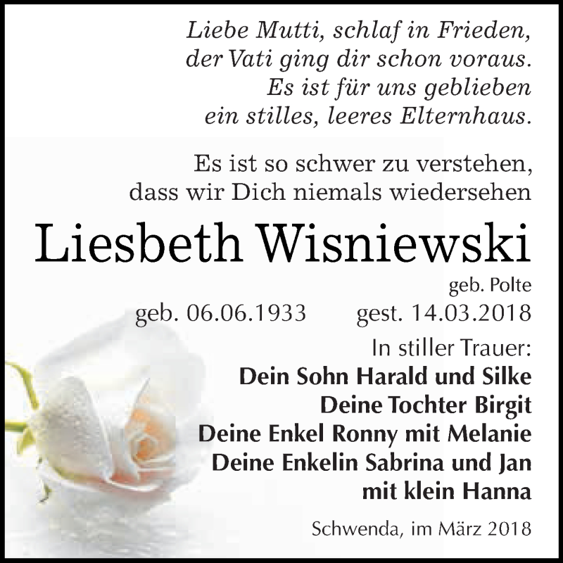  Traueranzeige für Liesbeth Wisniewski vom 24.03.2018 aus Super Sonntag SGH Mansf. Land