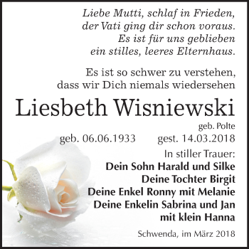 Traueranzeige von Liesbeth Wisniewski von Mitteldeutsche Zeitung Sangerhausen