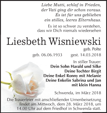 Traueranzeige von Liesbeth Wisniewski von Mitteldeutsche Zeitung Sangerhausen
