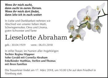 Traueranzeige von Lieselotte Abraham von Mitteldeutsche Zeitung Bernburg